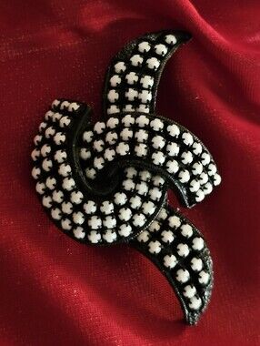1960s Signed LMD Black Japanned Swirl Ribbon Brooch Pin Opaque White Glass 3"